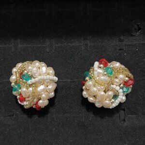 VTG- Faux Pearl Cluster Earrings Red, green and gold beads